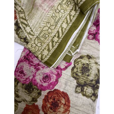 Cotton Jacquard Fabric - Cream Rose Floral with Olive Border