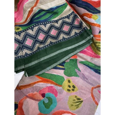 Cotton Jacquard Fabric - Multicolor Abstract with Green Border