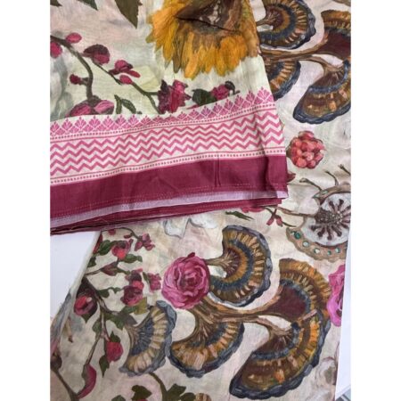 Cotton Jacquard Fabric - Cream Floral with Magenta Border
