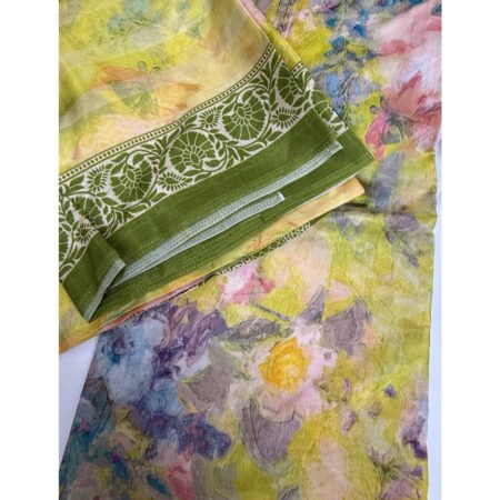 Cotton Jacquard Fabric - Pastel Yellow Floral with Olive Border