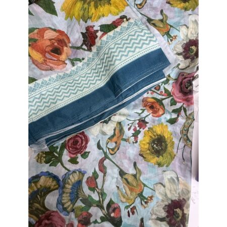 Cotton Jacquard Fabric - Sky Blue Floral with Teal Border