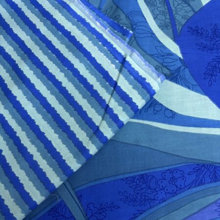 Cotton Jacquard Fabric - Blue Leaf Print with Striped Trim