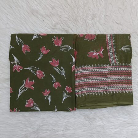 Cotton Jacquard Fabric - Olive Green Tulip Floral with Border