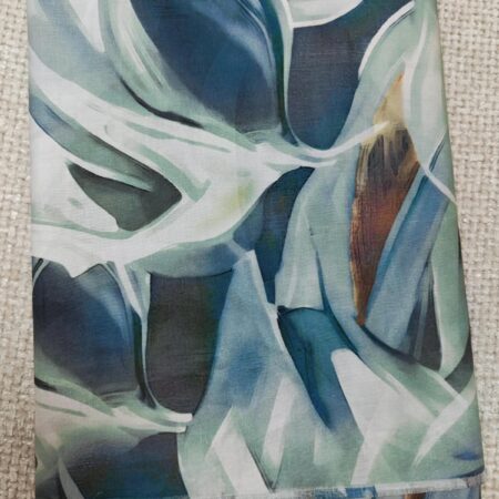 Abstract Teal Leaf Print Cotton Fabric