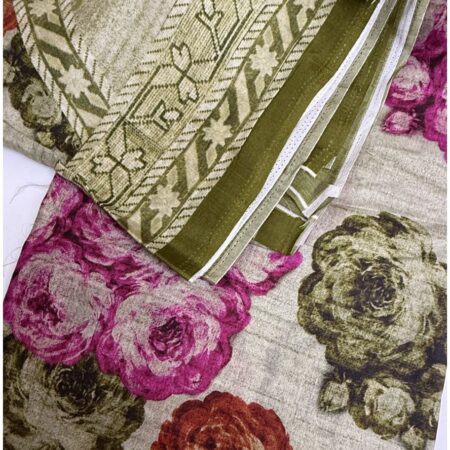 Cotton Jacquard Fabric - Cream Rose Floral with Olive Border