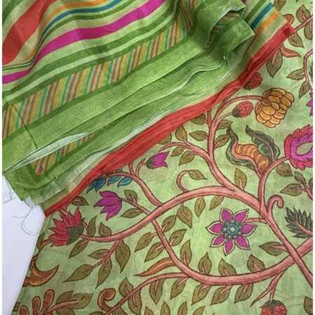 Cotton Jacquard Fabric - Green Multicolor Stripe Floral