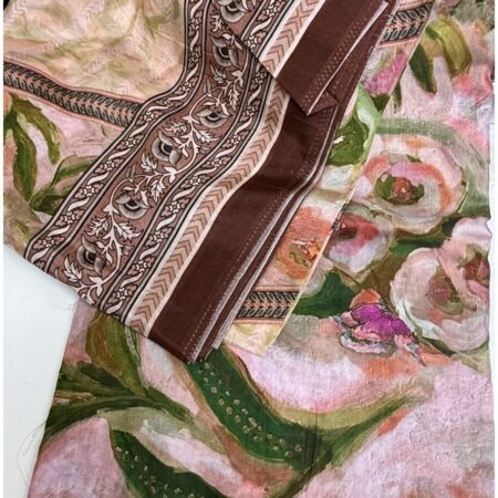 Cotton Jacquard Fabric - Blush Floral with Brown Border