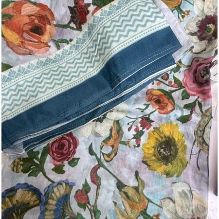 Cotton Jacquard Fabric - Sky Blue Floral with Teal Border