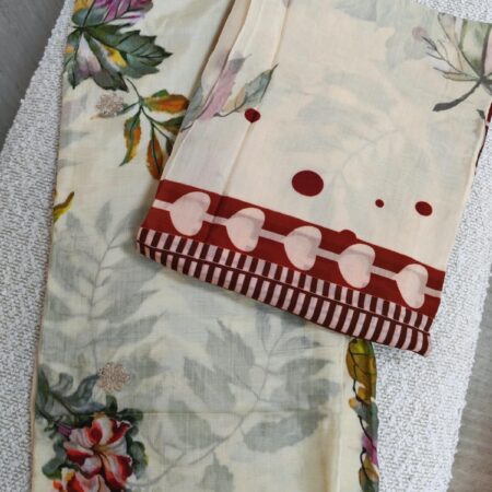 Silk Cotton Fabric - Sage Floral Maroon Border Print