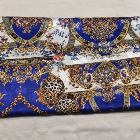 Blue Gold Baroque Leopard Silk Fabric